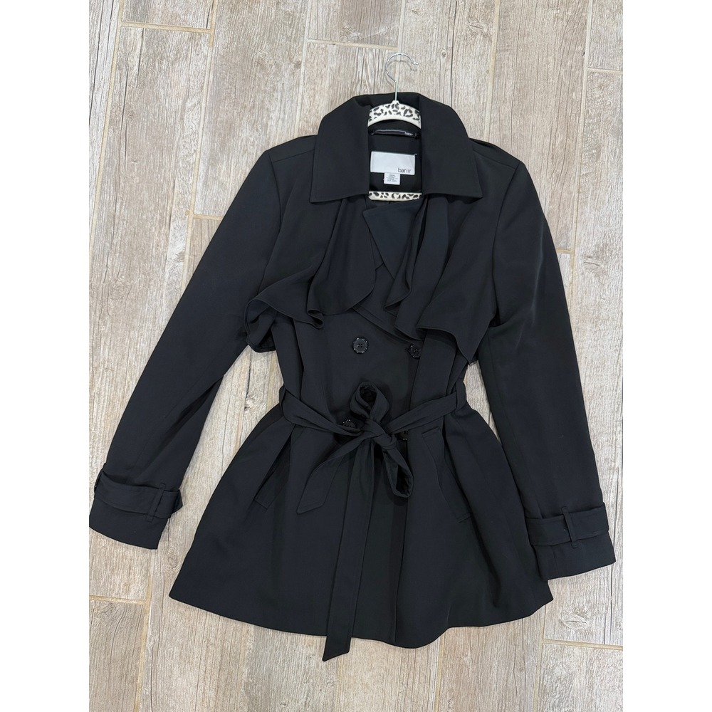Bar III Ruffle Trim Double Breasted Trench Coat Womens Medium Black Excellent
